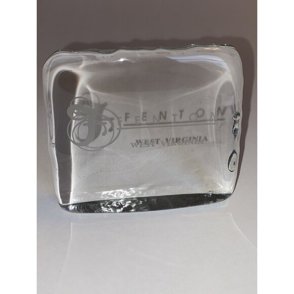 Fenton West Virginia Art Clear Glass Paperweight 4 1/2" x 4 1/4" x 7/8" Sign - Picture 1 of 6
